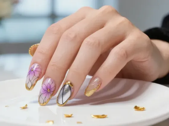 Diseño de referencia: nail art floral con detalle en hoja de oro